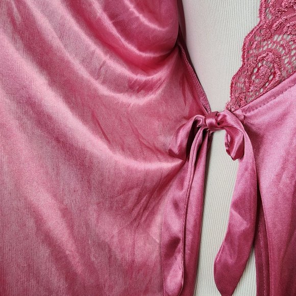 Vintage Soft Touch Night Wear Silky Satin Lace Robe Short Flutter Sleeve Belt - Picture 7 of 9